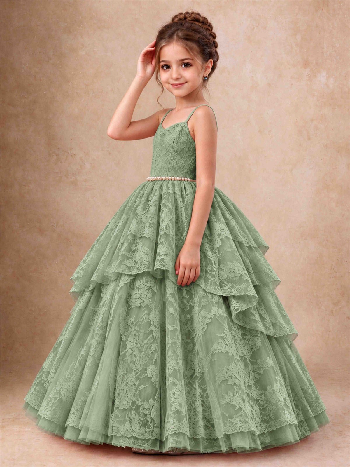 Spaghetti Strap Lace Girls Pageant Dress Tiered with Pearl Sash For Wedding Birthday Communion