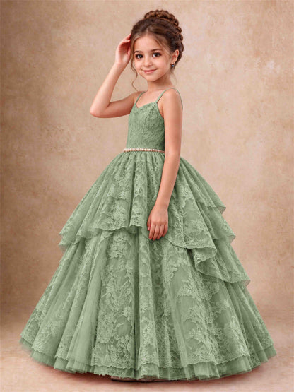 Spaghetti Strap Lace Girls Pageant Dress Tiered with Pearl Sash For Wedding Birthday Communion