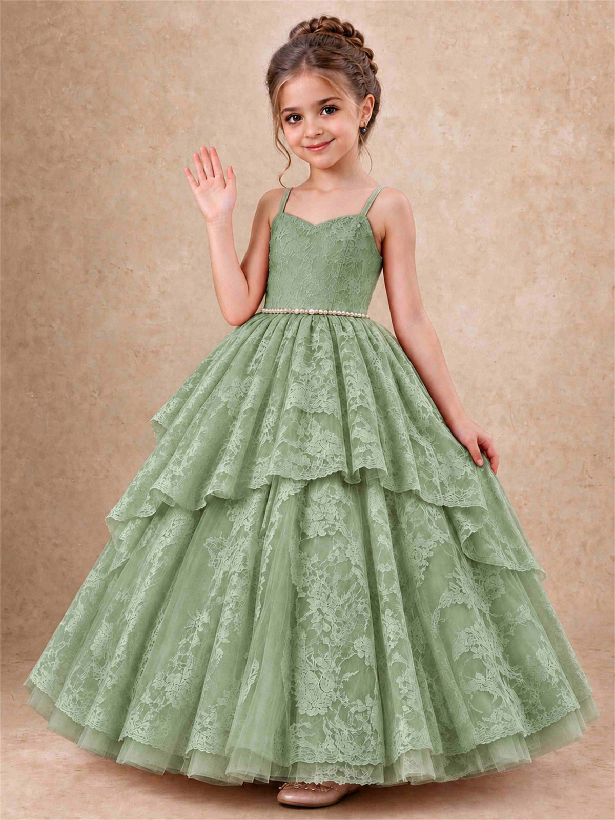 Spaghetti Strap Lace Girls Pageant Dress Tiered with Pearl Sash For Wedding Birthday Communion