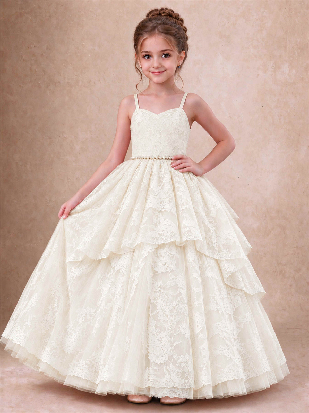 Spaghetti Strap Lace Girls Pageant Dress Tiered with Pearl Sash For Wedding Birthday Communion