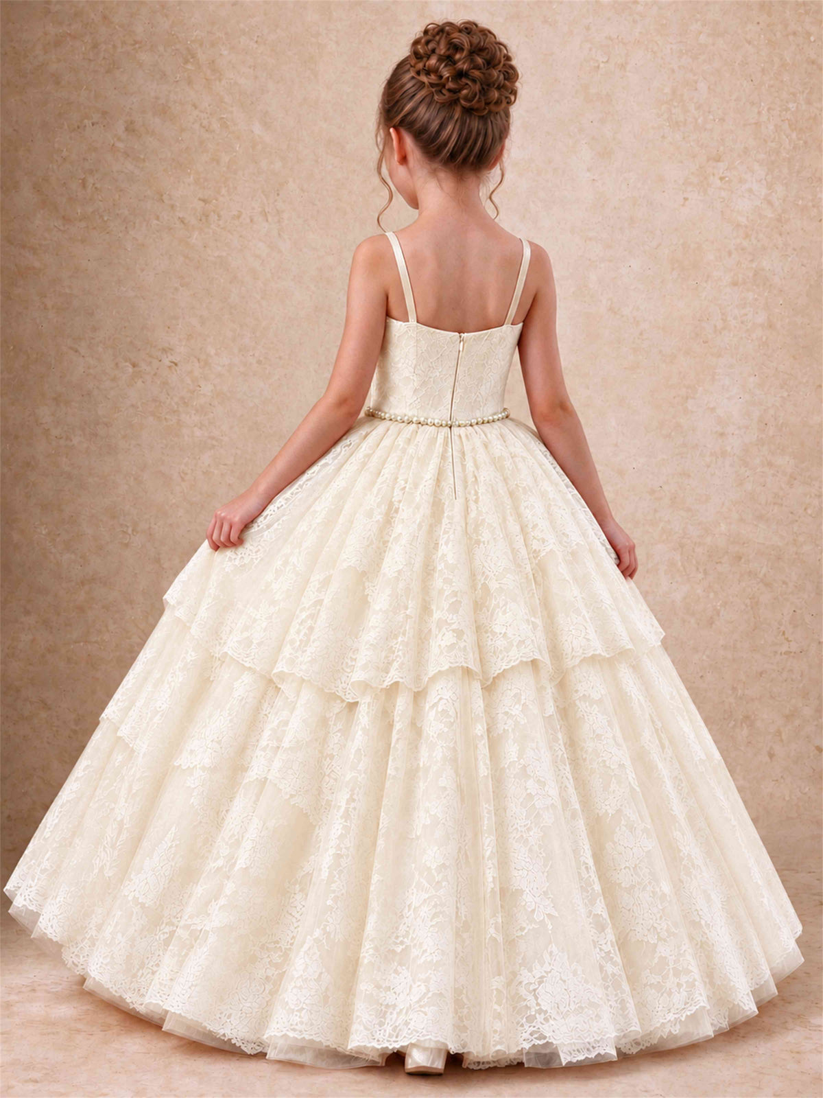 Spaghetti Strap Lace Girls Pageant Dress Tiered with Pearl Sash For Wedding Birthday Communion