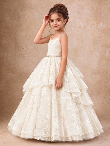 Spaghetti Strap Lace Girls Pageant Dress Tiered with Pearl Sash For Wedding Birthday Communion