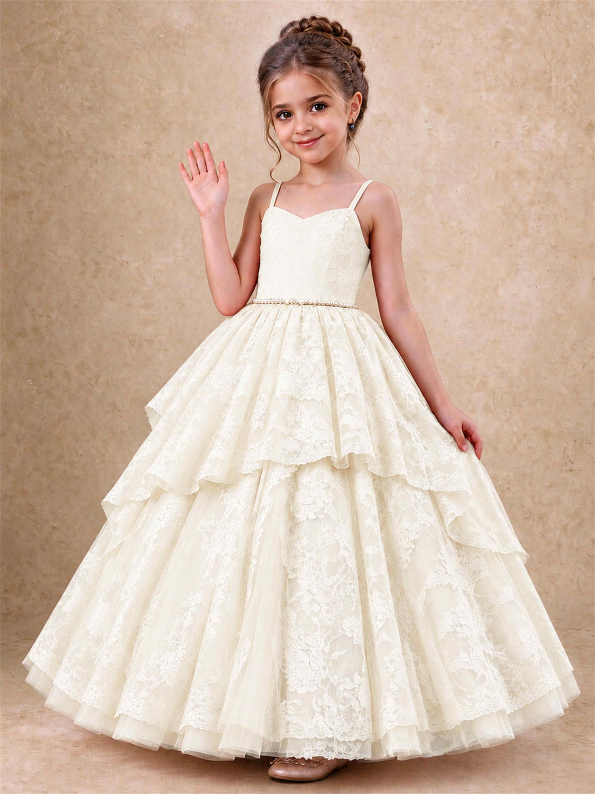 Spaghetti Strap Lace Girls Pageant Dress Tiered with Pearl Sash For Wedding Birthday Communion