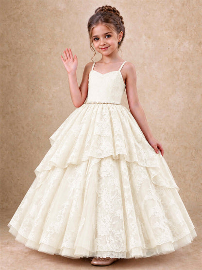 Spaghetti Strap Lace Girls Pageant Dress Tiered with Pearl Sash For Wedding Birthday Communion