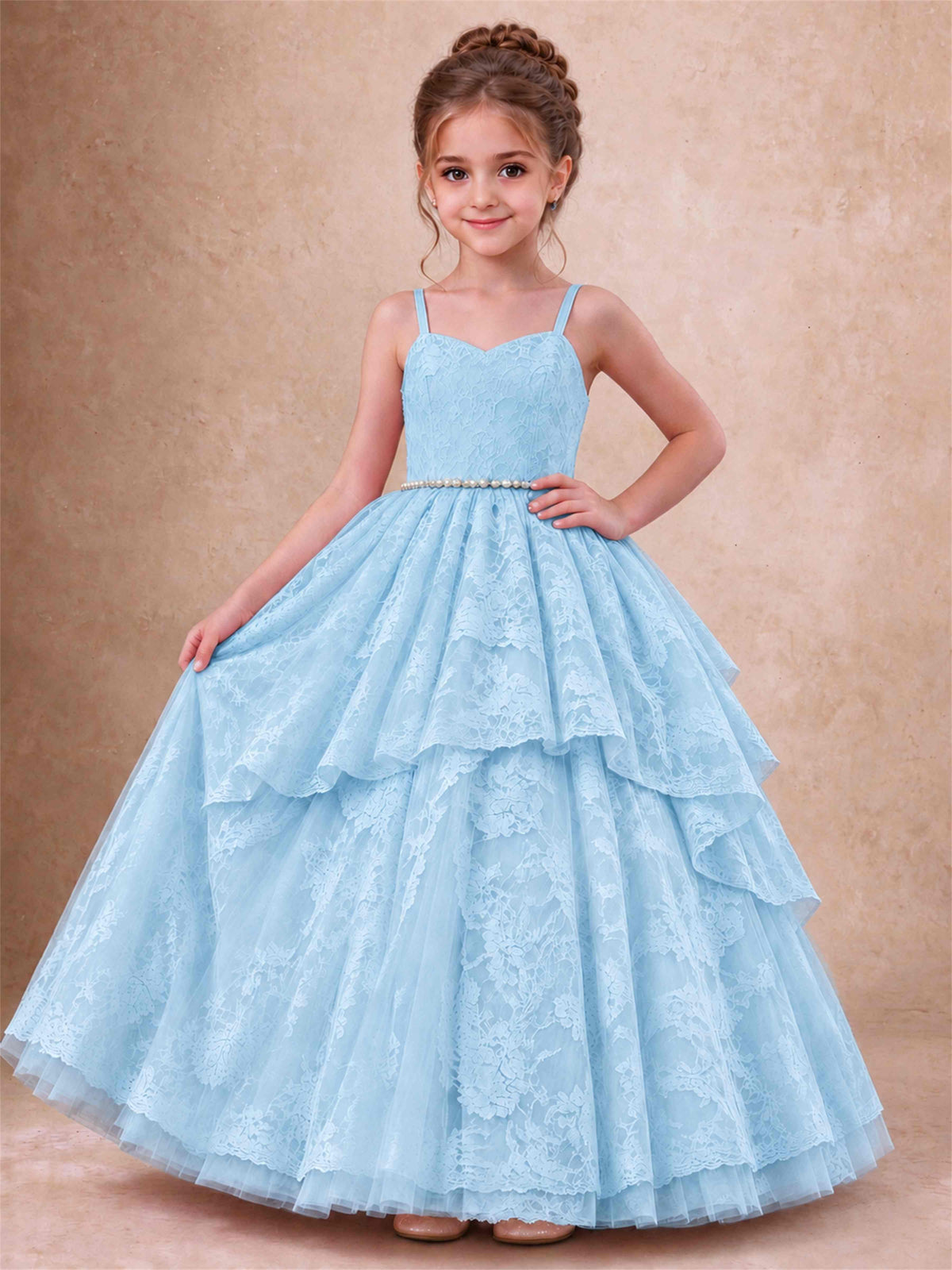 Spaghetti Strap Lace Girls Pageant Dress Tiered with Pearl Sash For Wedding Birthday Communion