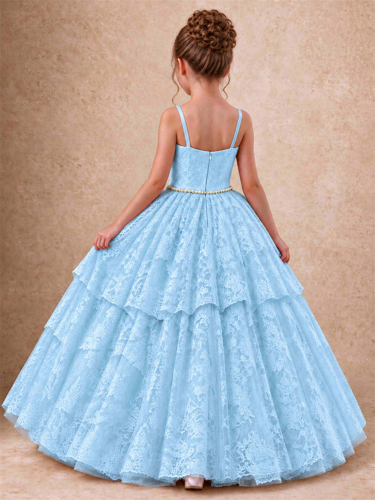 Spaghetti Strap Lace Girls Pageant Dress Tiered with Pearl Sash For Wedding Birthday Communion