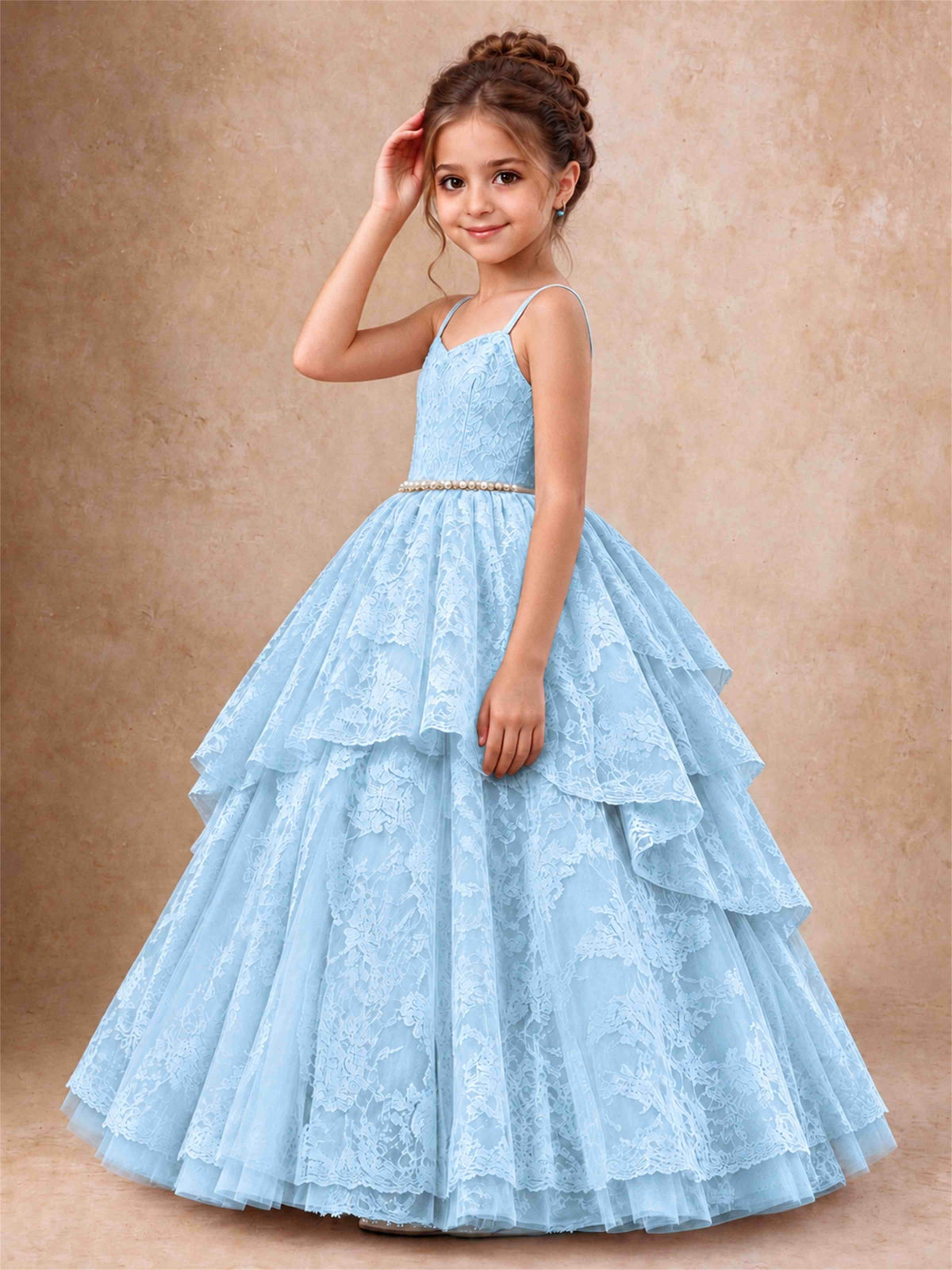 Spaghetti Strap Lace Girls Pageant Dress Tiered with Pearl Sash For Wedding Birthday Communion