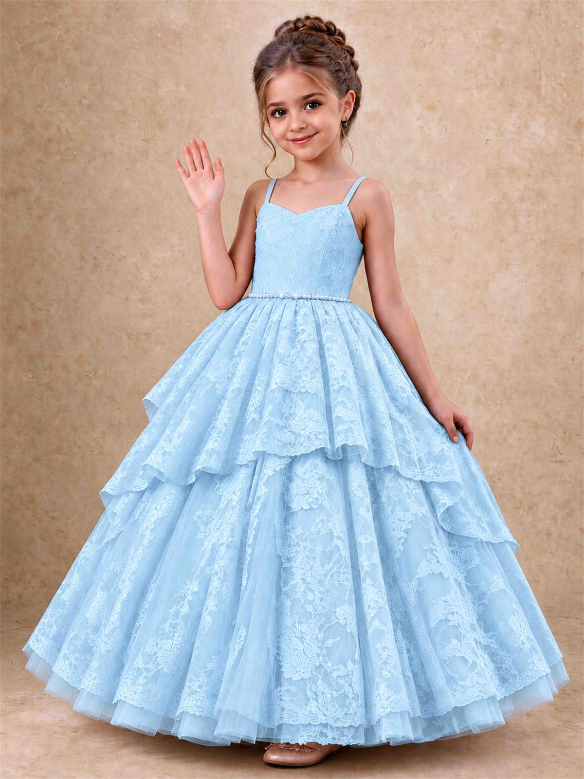 Spaghetti Strap Lace Girls Pageant Dress Tiered with Pearl Sash For Wedding Birthday Communion