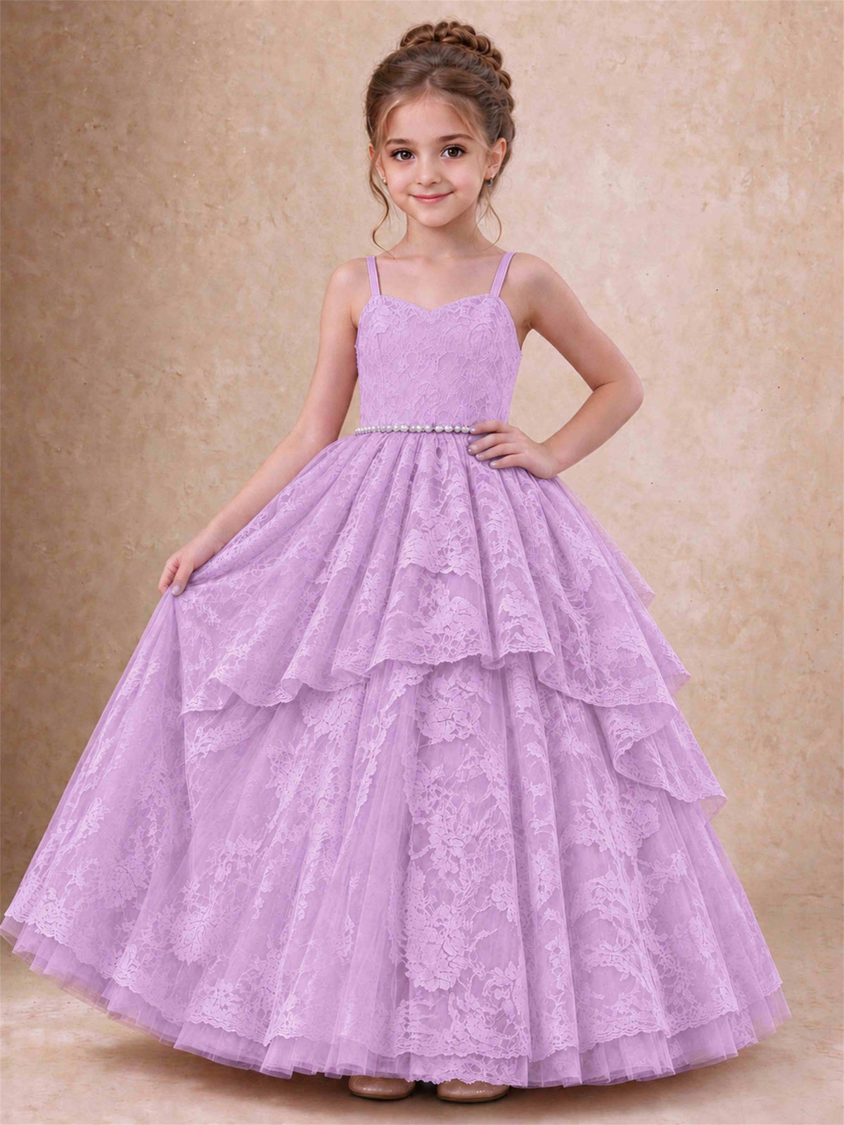 Spaghetti Strap Lace Girls Pageant Dress Tiered with Pearl Sash For Wedding Birthday Communion