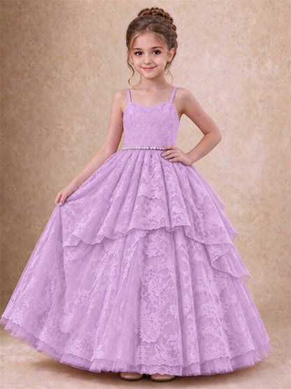Spaghetti Strap Lace Girls Pageant Dress Tiered with Pearl Sash For Wedding Birthday Communion