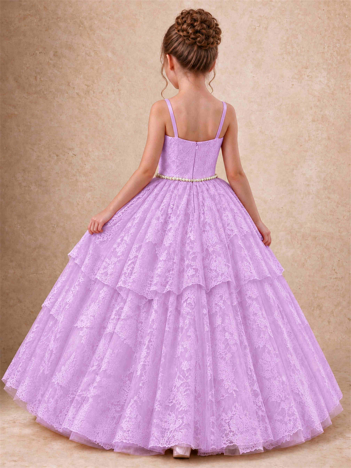 Spaghetti Strap Lace Girls Pageant Dress Tiered with Pearl Sash For Wedding Birthday Communion