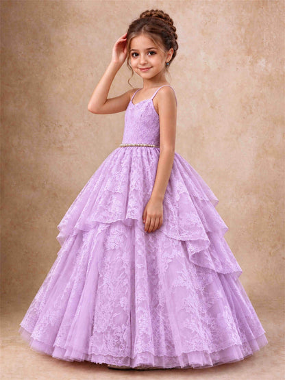 Spaghetti Strap Lace Girls Pageant Dress Tiered with Pearl Sash For Wedding Birthday Communion