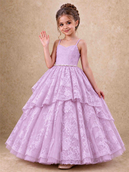 Spaghetti Strap Lace Girls Pageant Dress Tiered with Pearl Sash For Wedding Birthday Communion
