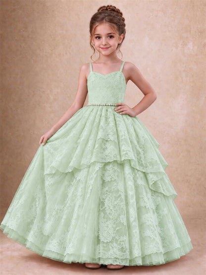 Spaghetti Strap Lace Girls Pageant Dress Tiered with Pearl Sash For Wedding Birthday Communion