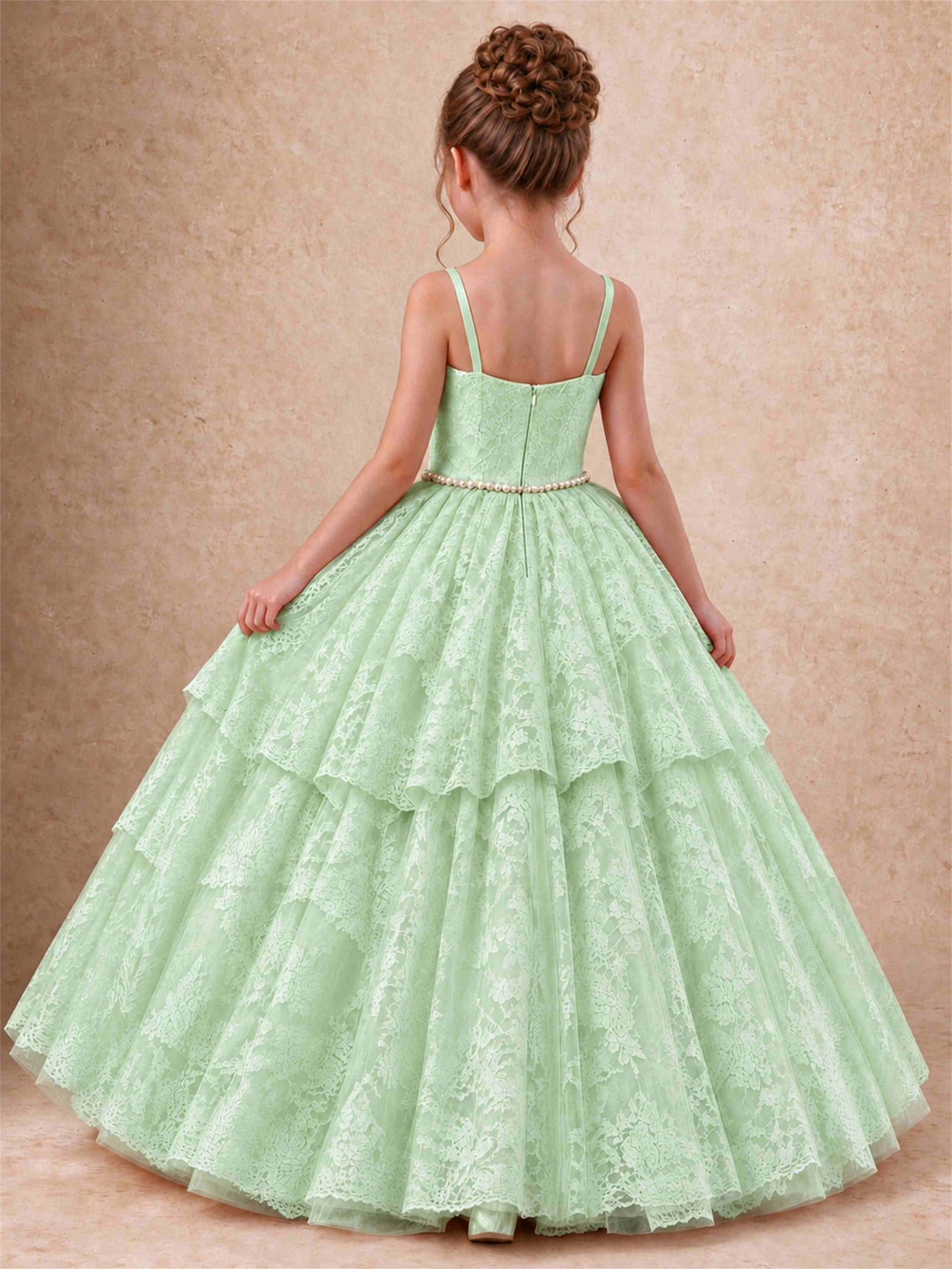 Spaghetti Strap Lace Girls Pageant Dress Tiered with Pearl Sash For Wedding Birthday Communion