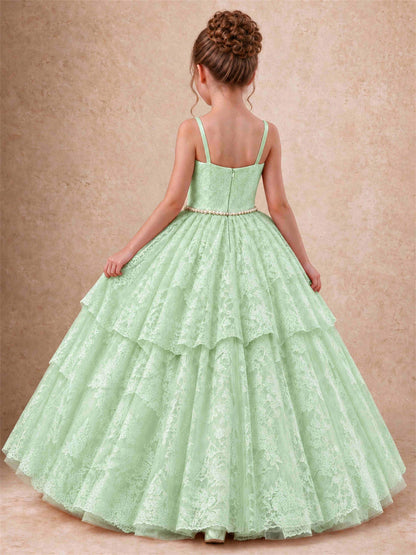 Spaghetti Strap Lace Girls Pageant Dress Tiered with Pearl Sash For Wedding Birthday Communion