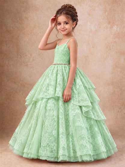 Spaghetti Strap Lace Girls Pageant Dress Tiered with Pearl Sash For Wedding Birthday Communion