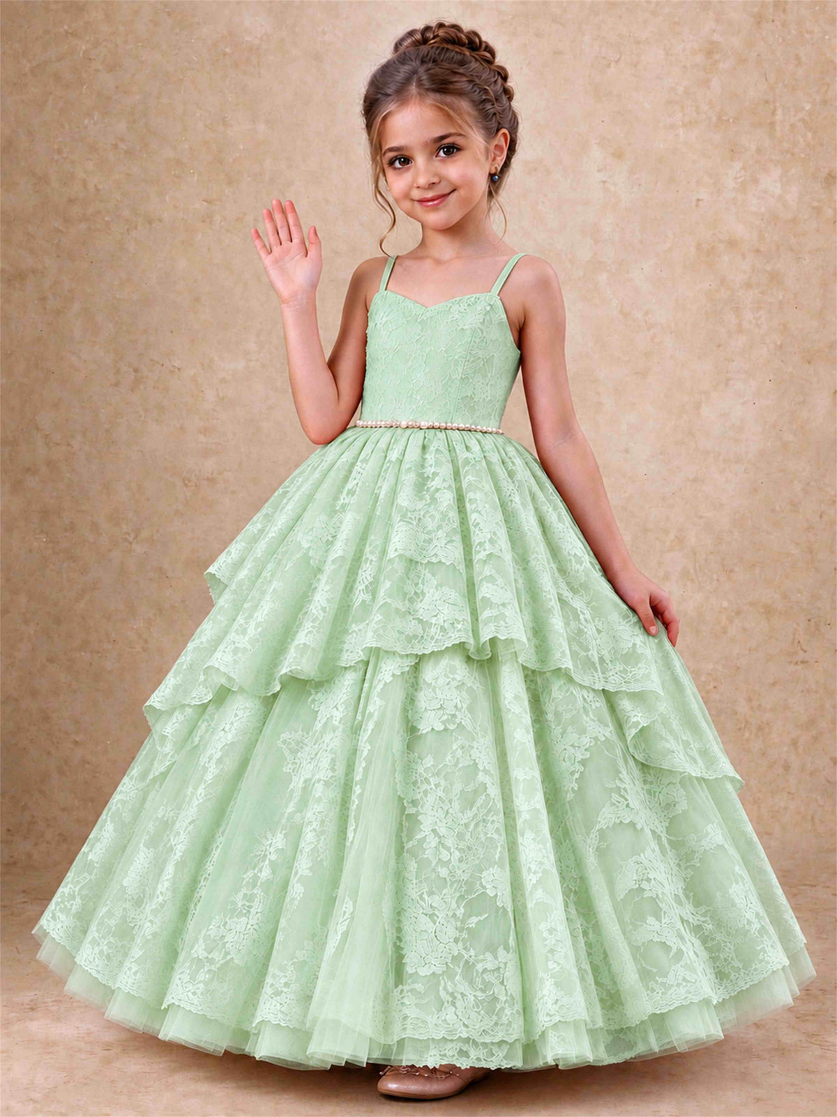 Spaghetti Strap Lace Girls Pageant Dress Tiered with Pearl Sash For Wedding Birthday Communion