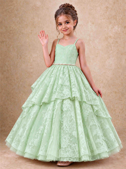 Spaghetti Strap Lace Girls Pageant Dress Tiered with Pearl Sash For Wedding Birthday Communion