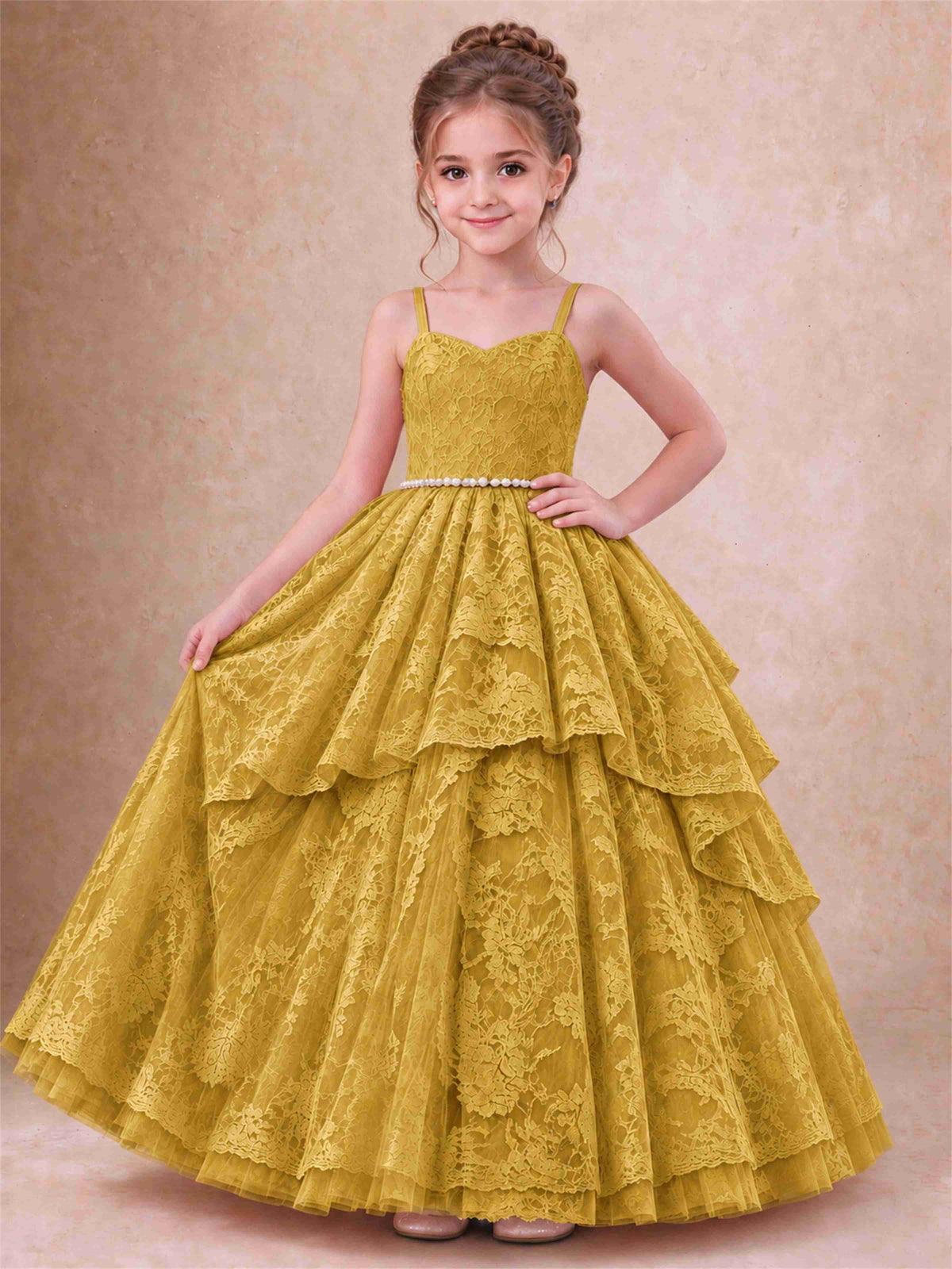Spaghetti Strap Lace Girls Pageant Dress Tiered with Pearl Sash For Wedding Birthday Communion