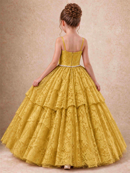 Spaghetti Strap Lace Girls Pageant Dress Tiered with Pearl Sash For Wedding Birthday Communion