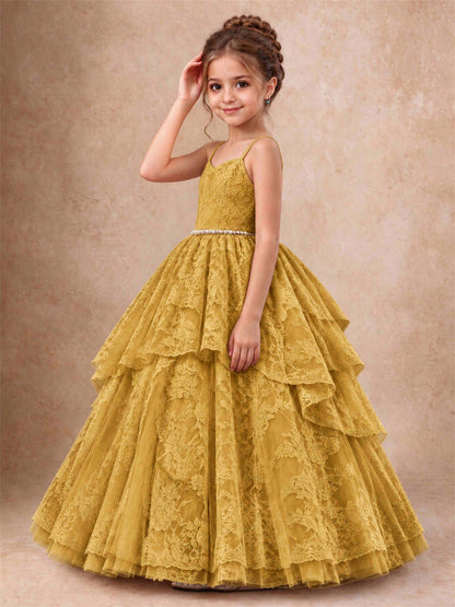 Spaghetti Strap Lace Girls Pageant Dress Tiered with Pearl Sash For Wedding Birthday Communion