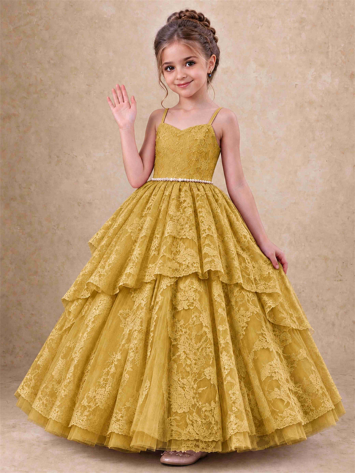 Spaghetti Strap Lace Girls Pageant Dress Tiered with Pearl Sash For Wedding Birthday Communion