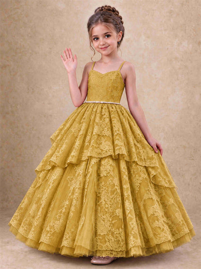 Spaghetti Strap Lace Girls Pageant Dress Tiered with Pearl Sash For Wedding Birthday Communion
