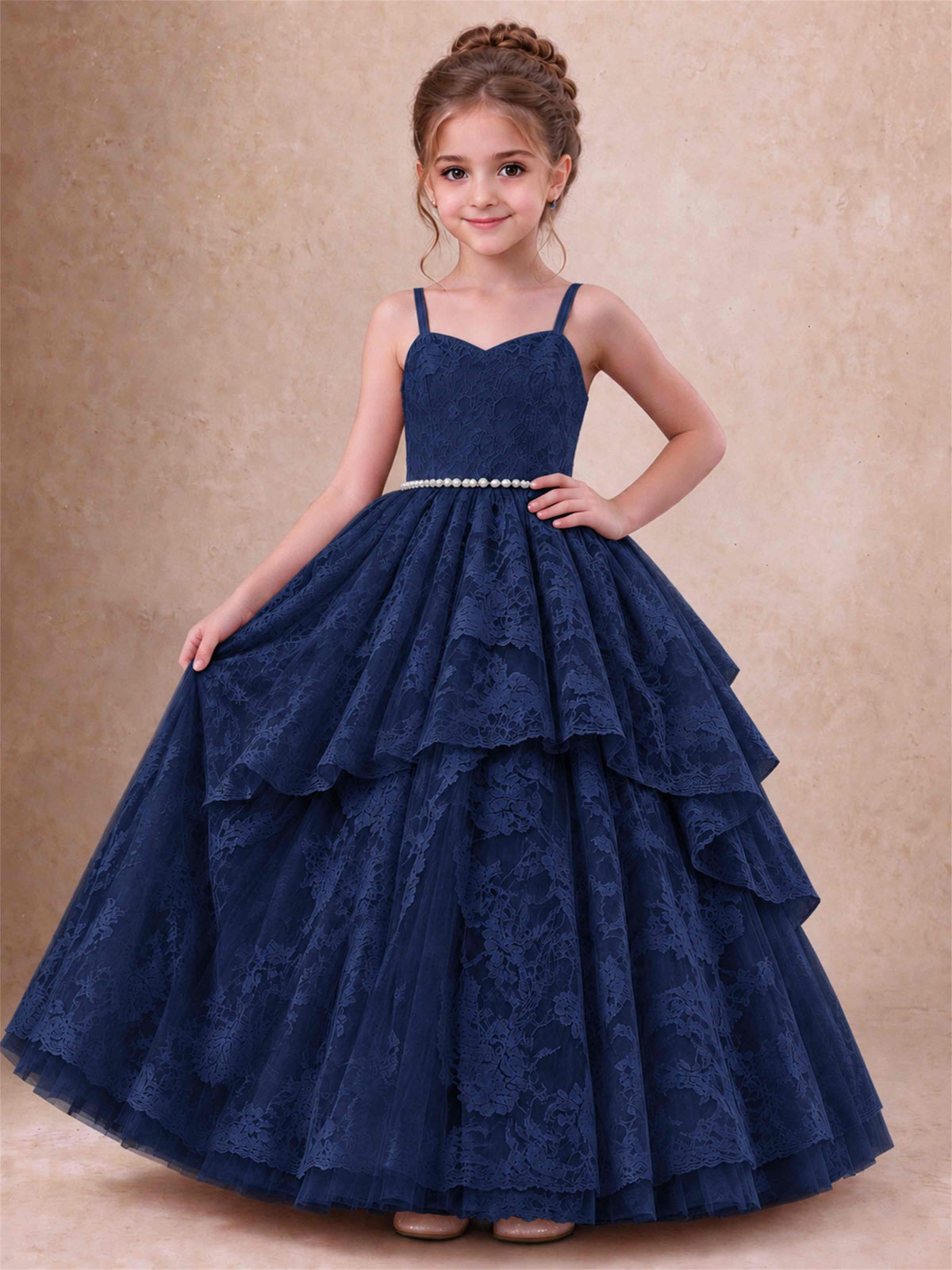 Spaghetti Strap Lace Girls Pageant Dress Tiered with Pearl Sash For Wedding Birthday Communion
