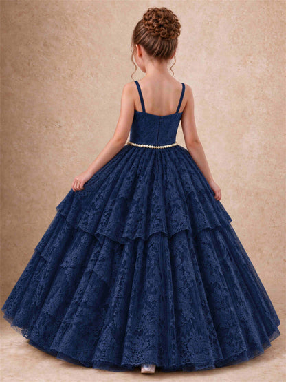 Spaghetti Strap Lace Girls Pageant Dress Tiered with Pearl Sash For Wedding Birthday Communion