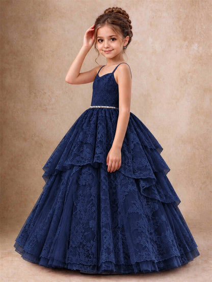 Spaghetti Strap Lace Girls Pageant Dress Tiered with Pearl Sash For Wedding Birthday Communion
