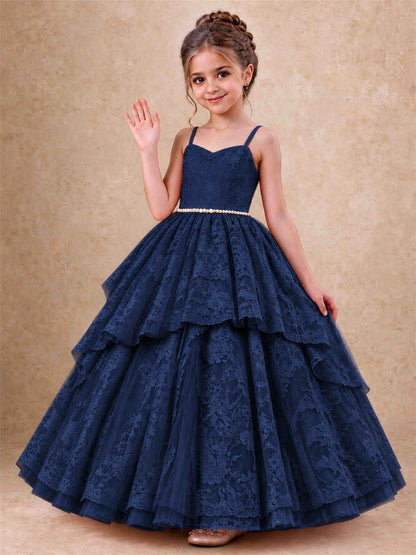 Spaghetti Strap Lace Girls Pageant Dress Tiered with Pearl Sash For Wedding Birthday Communion