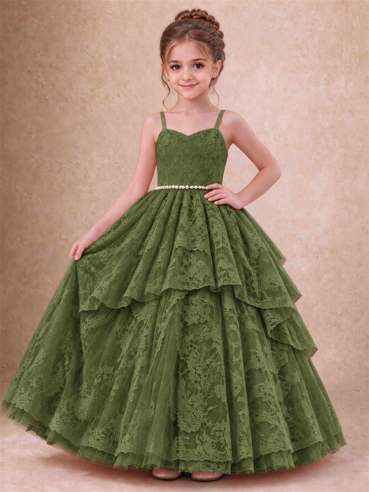 Spaghetti Strap Lace Girls Pageant Dress Tiered with Pearl Sash For Wedding Birthday Communion