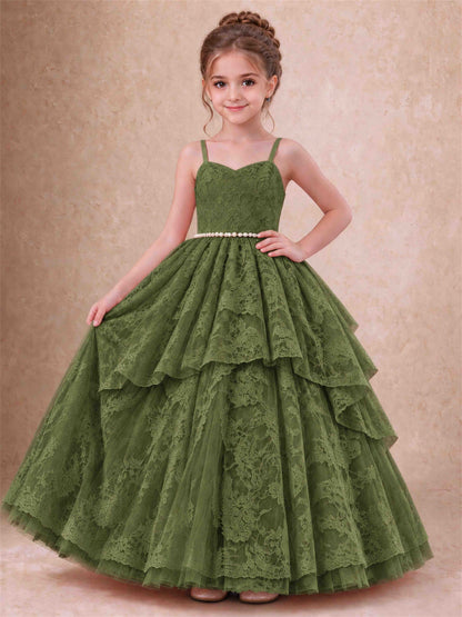 Spaghetti Strap Lace Girls Pageant Dress Tiered with Pearl Sash For Wedding Birthday Communion
