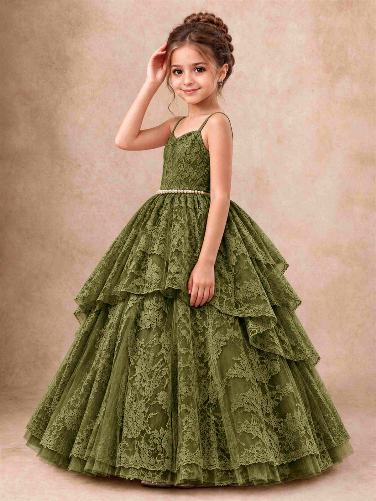 Spaghetti Strap Lace Girls Pageant Dress Tiered with Pearl Sash For Wedding Birthday Communion