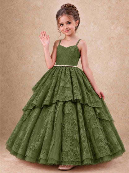 Spaghetti Strap Lace Girls Pageant Dress Tiered with Pearl Sash For Wedding Birthday Communion