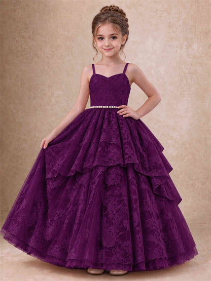 Spaghetti Strap Lace Girls Pageant Dress Tiered with Pearl Sash For Wedding Birthday Communion
