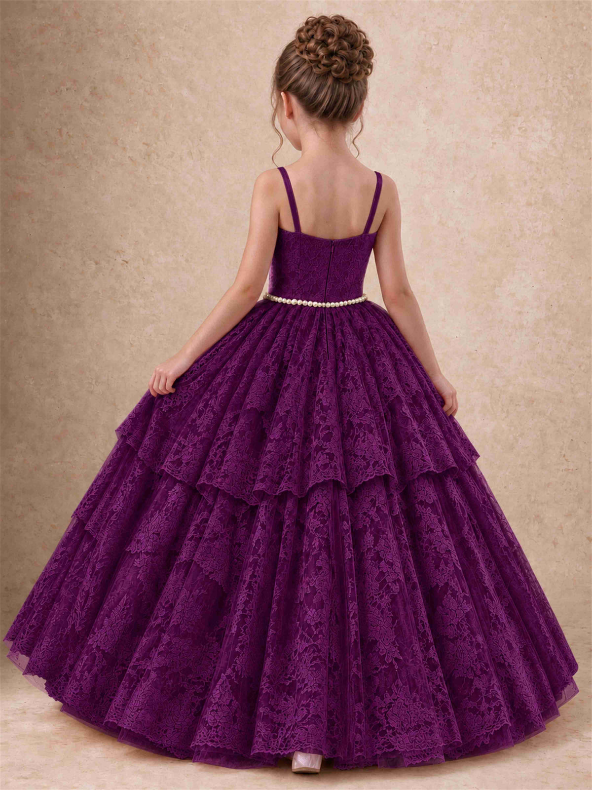 Spaghetti Strap Lace Girls Pageant Dress Tiered with Pearl Sash For Wedding Birthday Communion