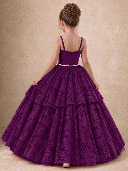 Spaghetti Strap Lace Girls Pageant Dress Tiered with Pearl Sash For Wedding Birthday Communion