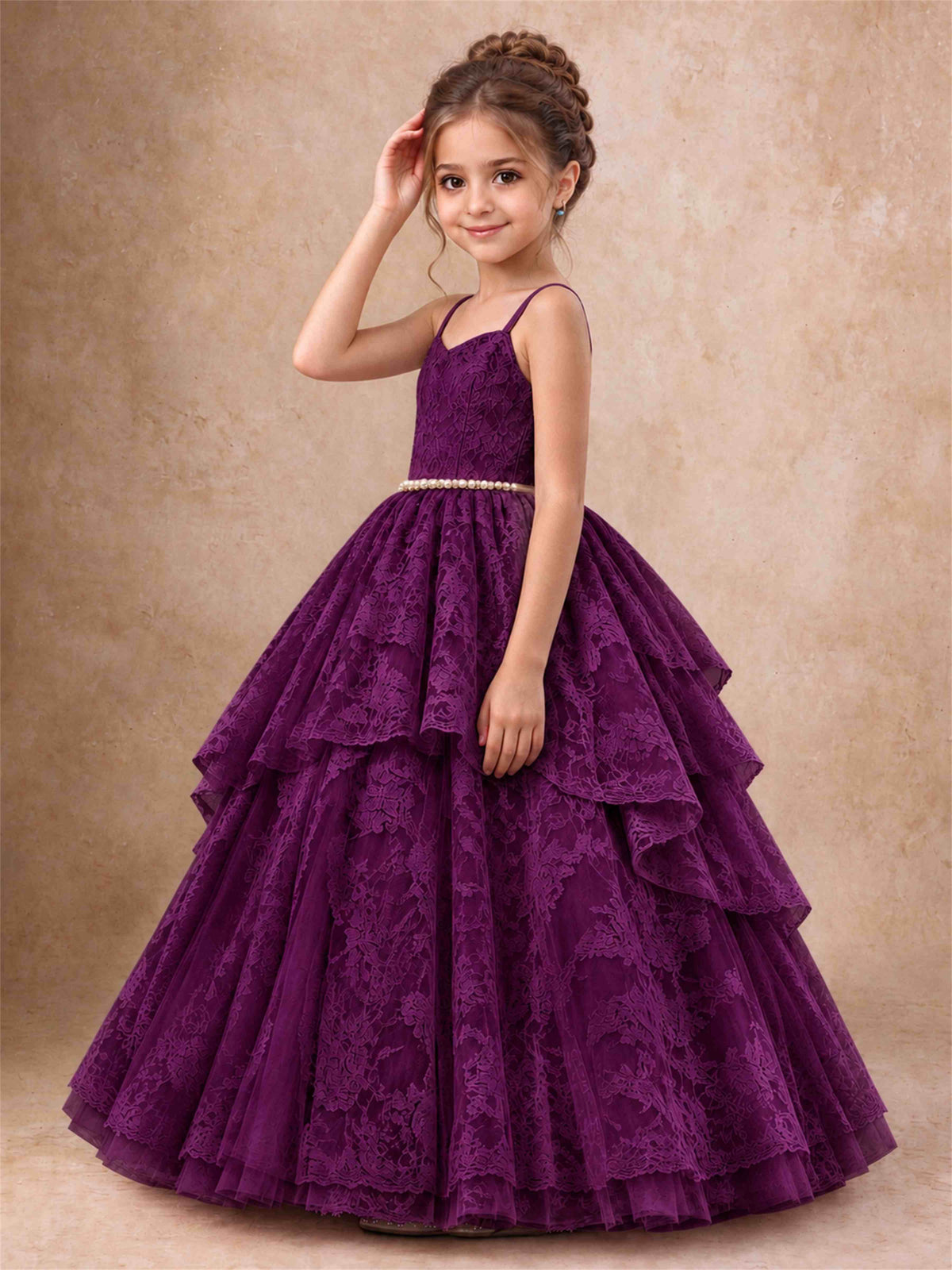 Spaghetti Strap Lace Girls Pageant Dress Tiered with Pearl Sash For Wedding Birthday Communion