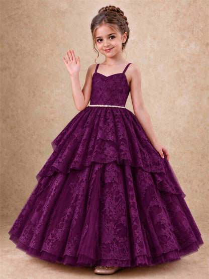 Spaghetti Strap Lace Girls Pageant Dress Tiered with Pearl Sash For Wedding Birthday Communion