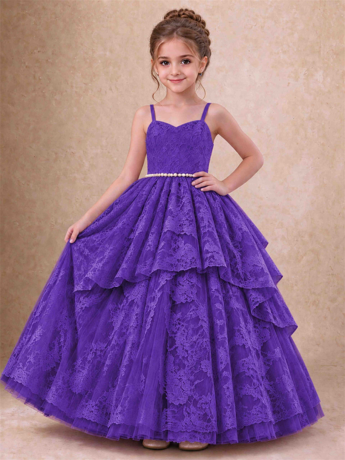 Spaghetti Strap Lace Girls Pageant Dress Tiered with Pearl Sash For Wedding Birthday Communion