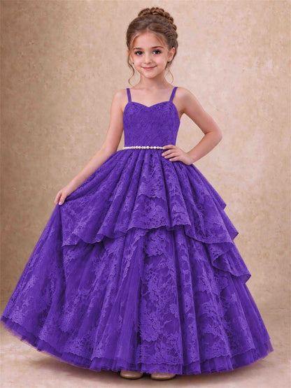 Spaghetti Strap Lace Girls Pageant Dress Tiered with Pearl Sash For Wedding Birthday Communion