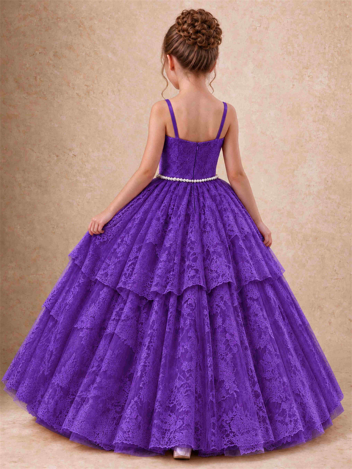 Spaghetti Strap Lace Girls Pageant Dress Tiered with Pearl Sash For Wedding Birthday Communion