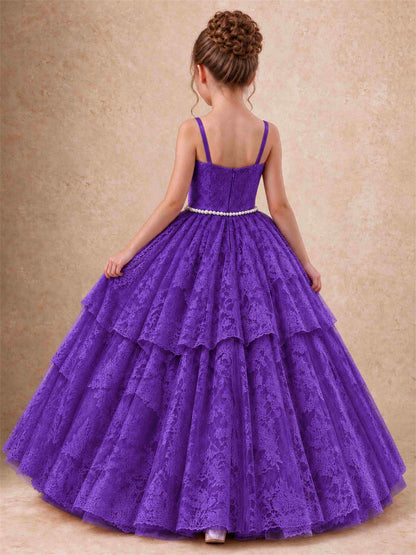 Spaghetti Strap Lace Girls Pageant Dress Tiered with Pearl Sash For Wedding Birthday Communion