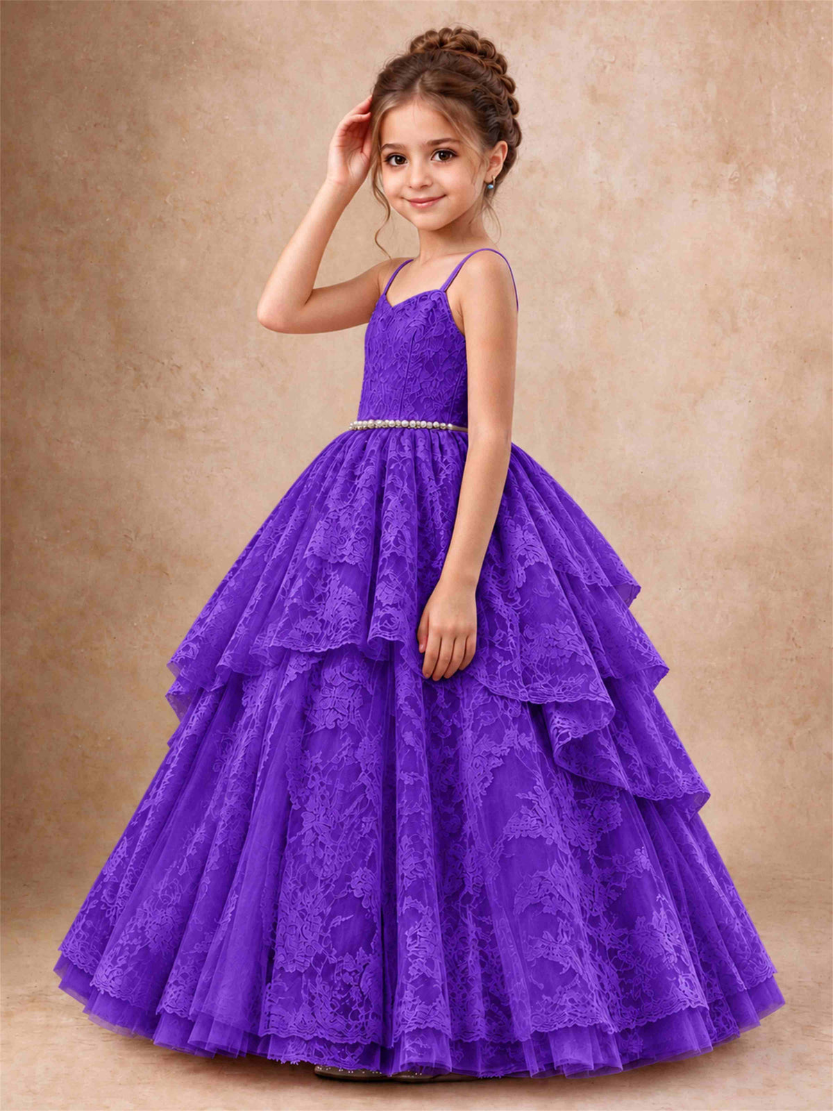 Spaghetti Strap Lace Girls Pageant Dress Tiered with Pearl Sash For Wedding Birthday Communion