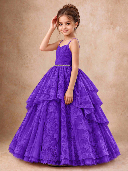 Spaghetti Strap Lace Girls Pageant Dress Tiered with Pearl Sash For Wedding Birthday Communion