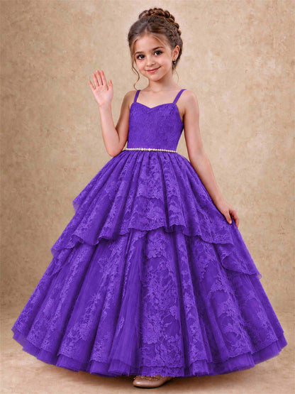 Spaghetti Strap Lace Girls Pageant Dress Tiered with Pearl Sash For Wedding Birthday Communion