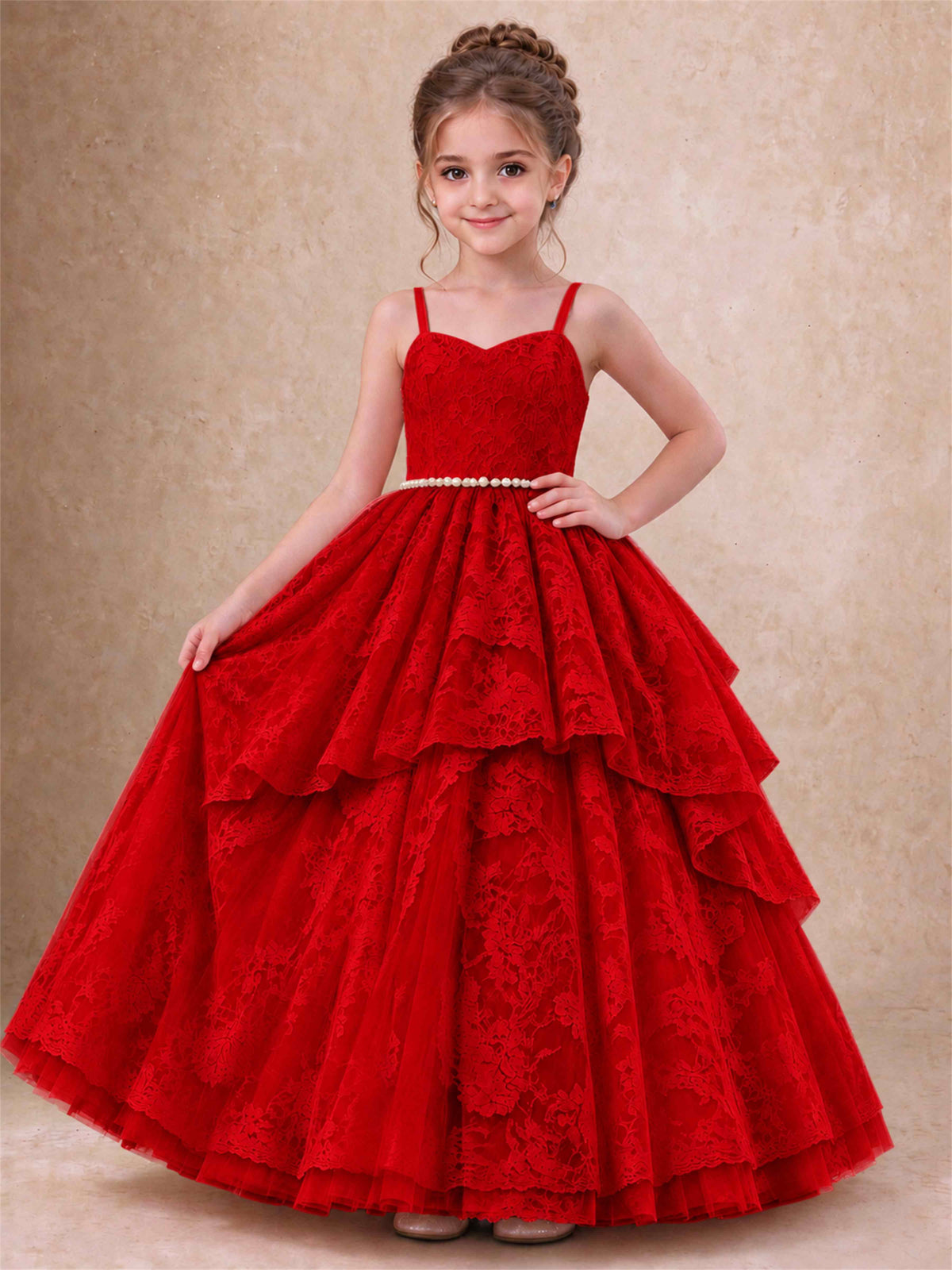 Spaghetti Strap Lace Girls Pageant Dress Tiered with Pearl Sash For Wedding Birthday Communion