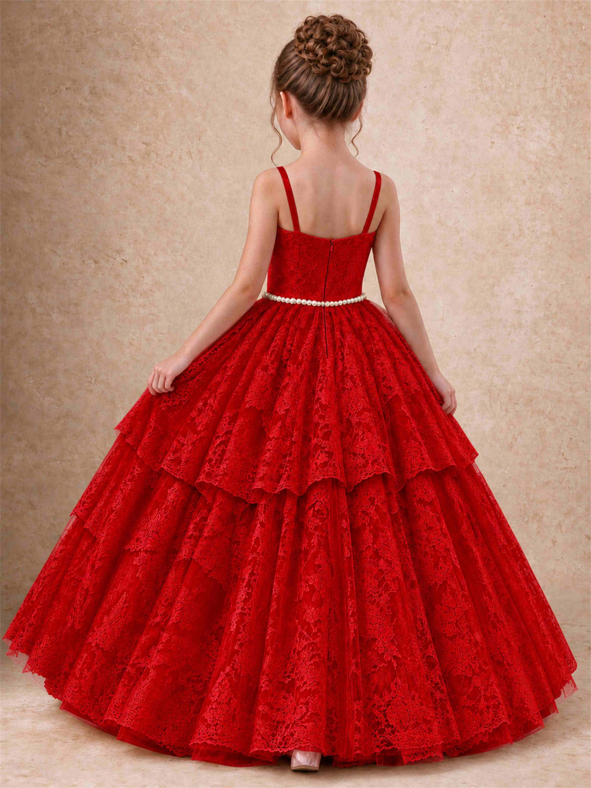 Spaghetti Strap Lace Girls Pageant Dress Tiered with Pearl Sash For Wedding Birthday Communion